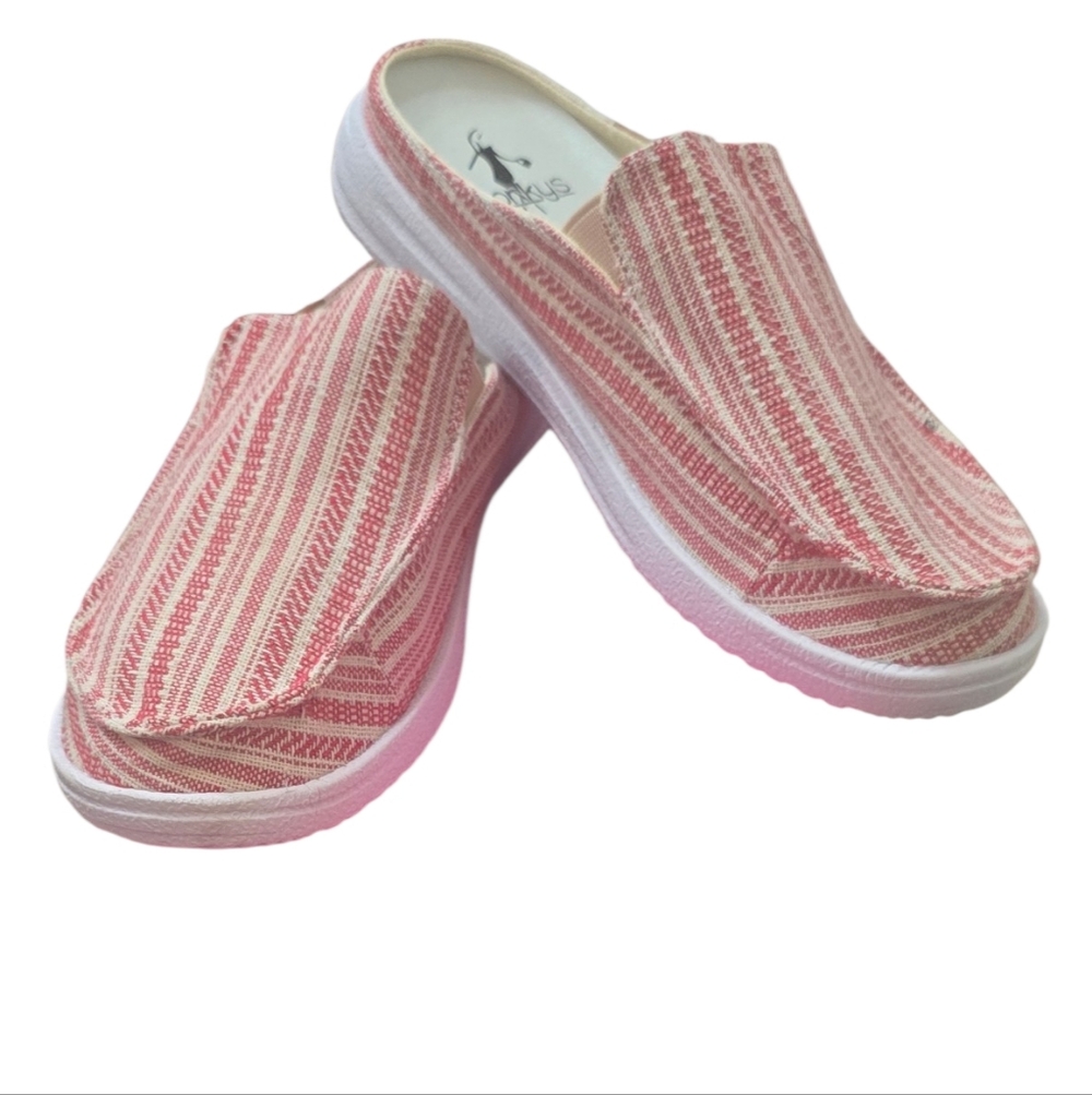 NIB Corky's Pontoon Slip-On Mules in Red Stripe Canvas Size 6